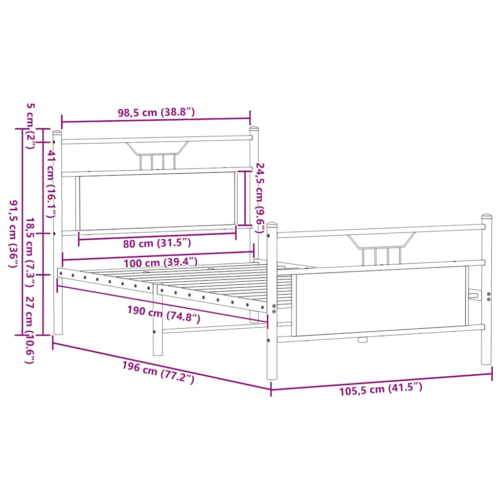 Bed frame without mattress Sonoma oak 100x190 cm wood material