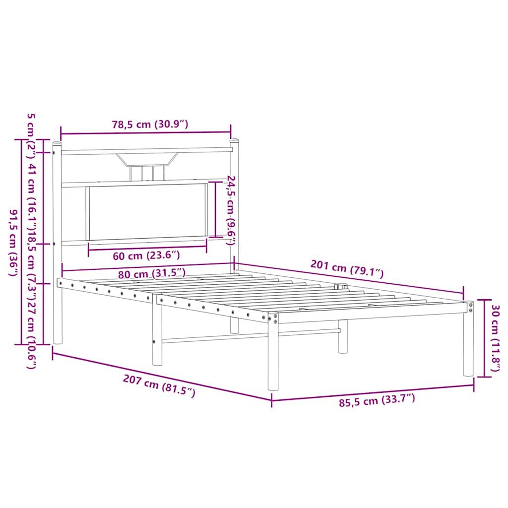 Bed frame without mattress brown oak 80x200 cm wood material