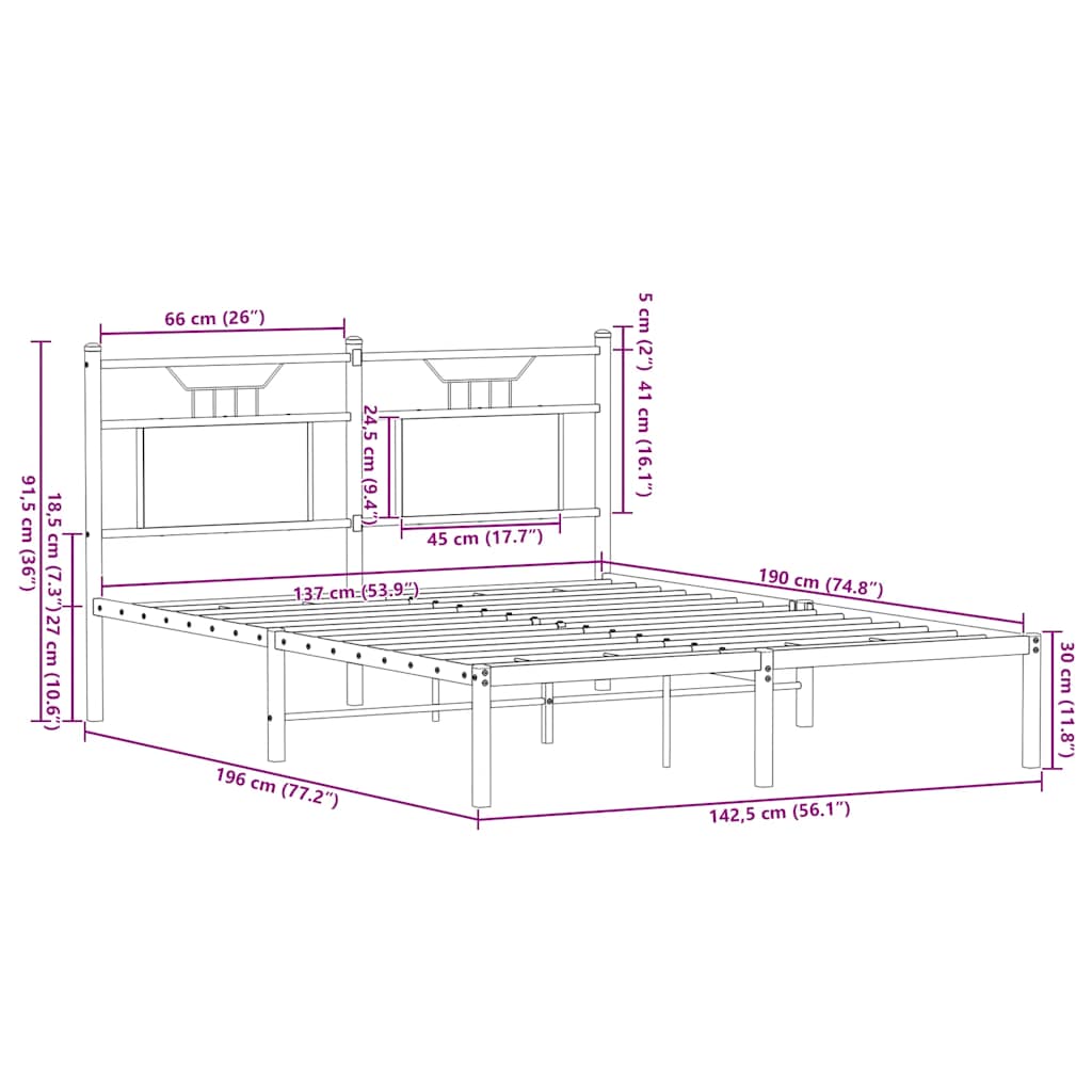 Bed frame without mattress brown oak 137x190 cm wood material