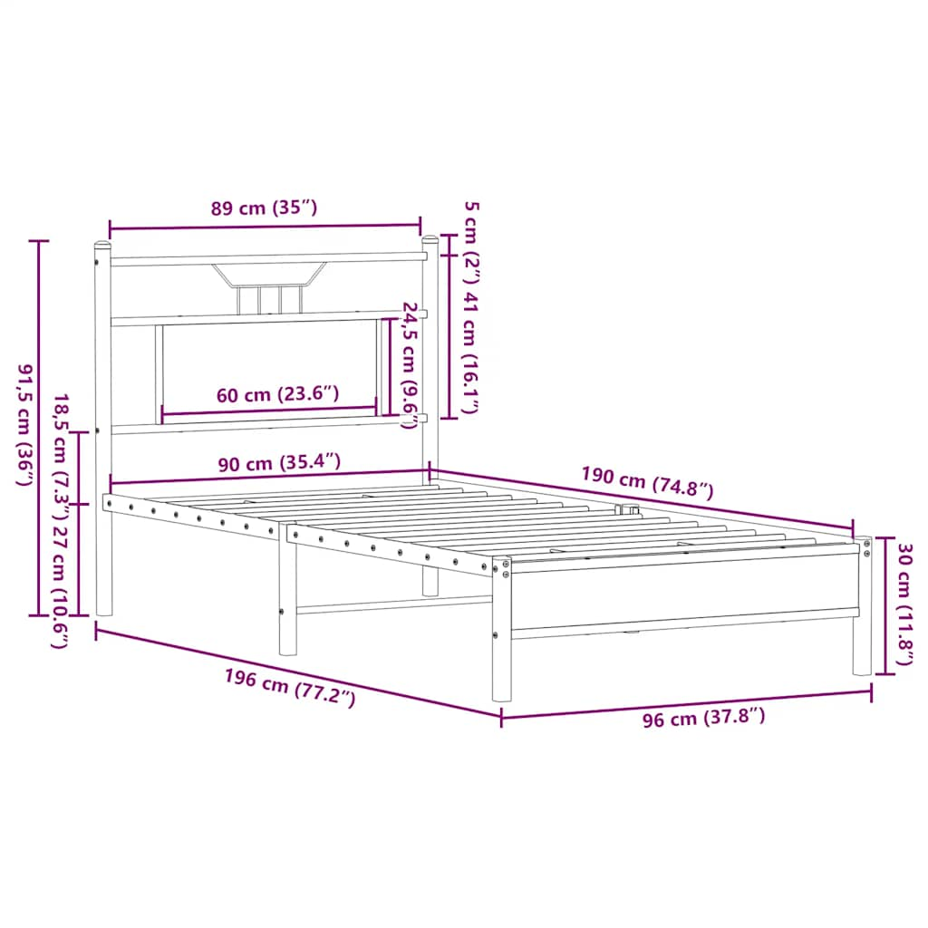 Bed frame without mattress smoked oak 90x190 cm wood material