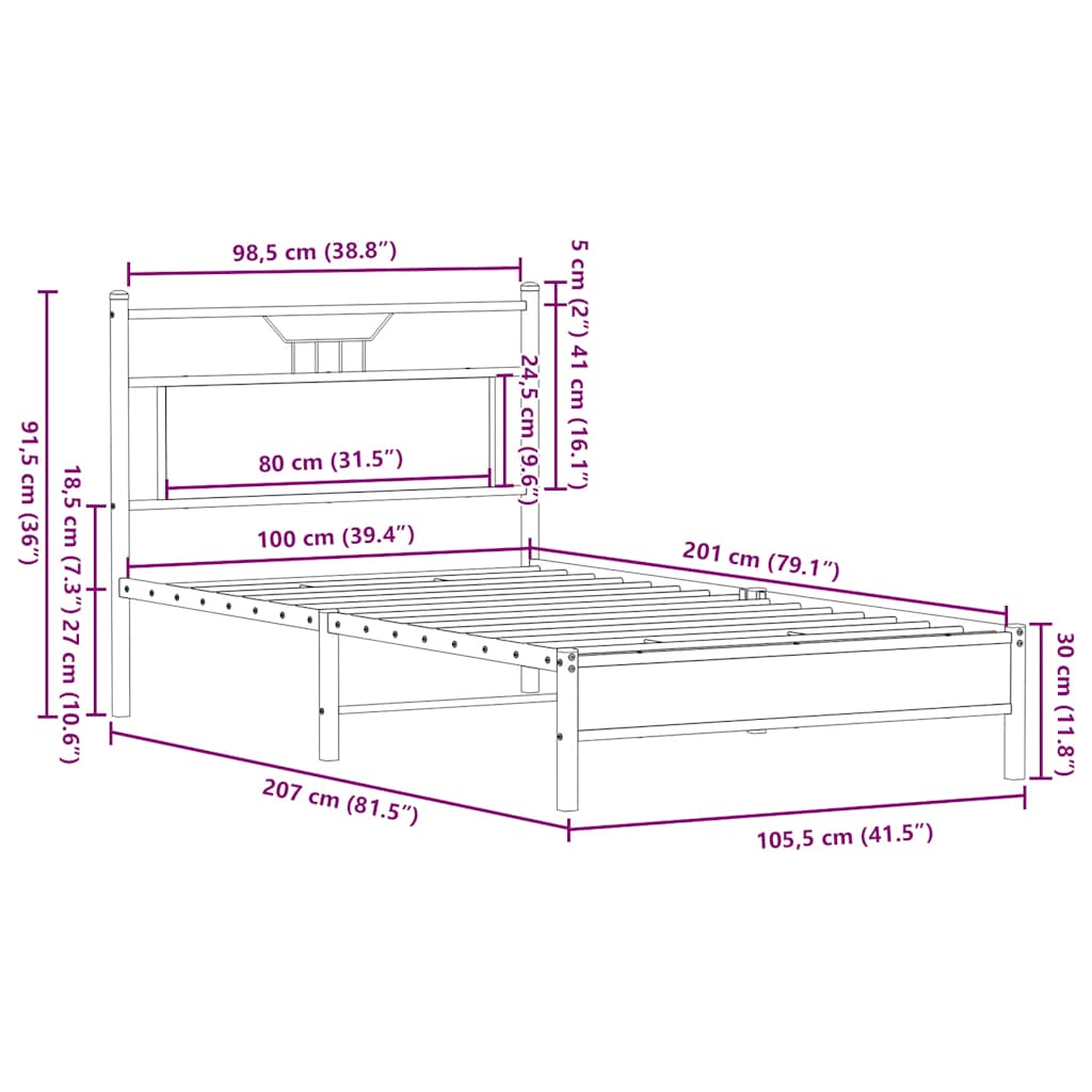 Bed frame without mattress smoked oak 100x200 cm wood material