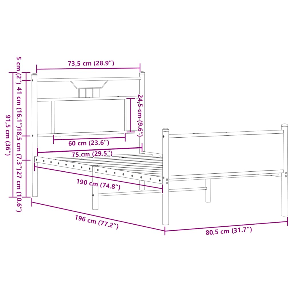 Bettgestell ohne Matratze Räuchereiche 75x190 cm Holzwerkstoff