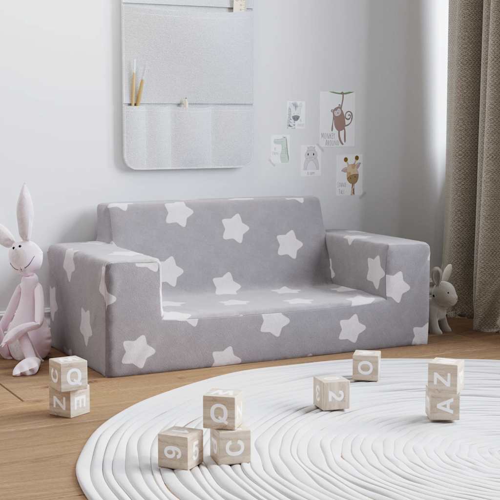 Children's Sofa 2-Seater Light Grey with Stars Soft Plush