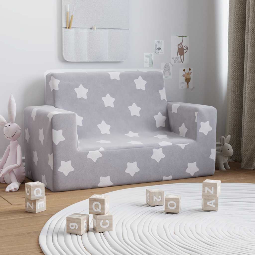 Children's Sofa 2-Seater Light Grey with Stars Soft Plush