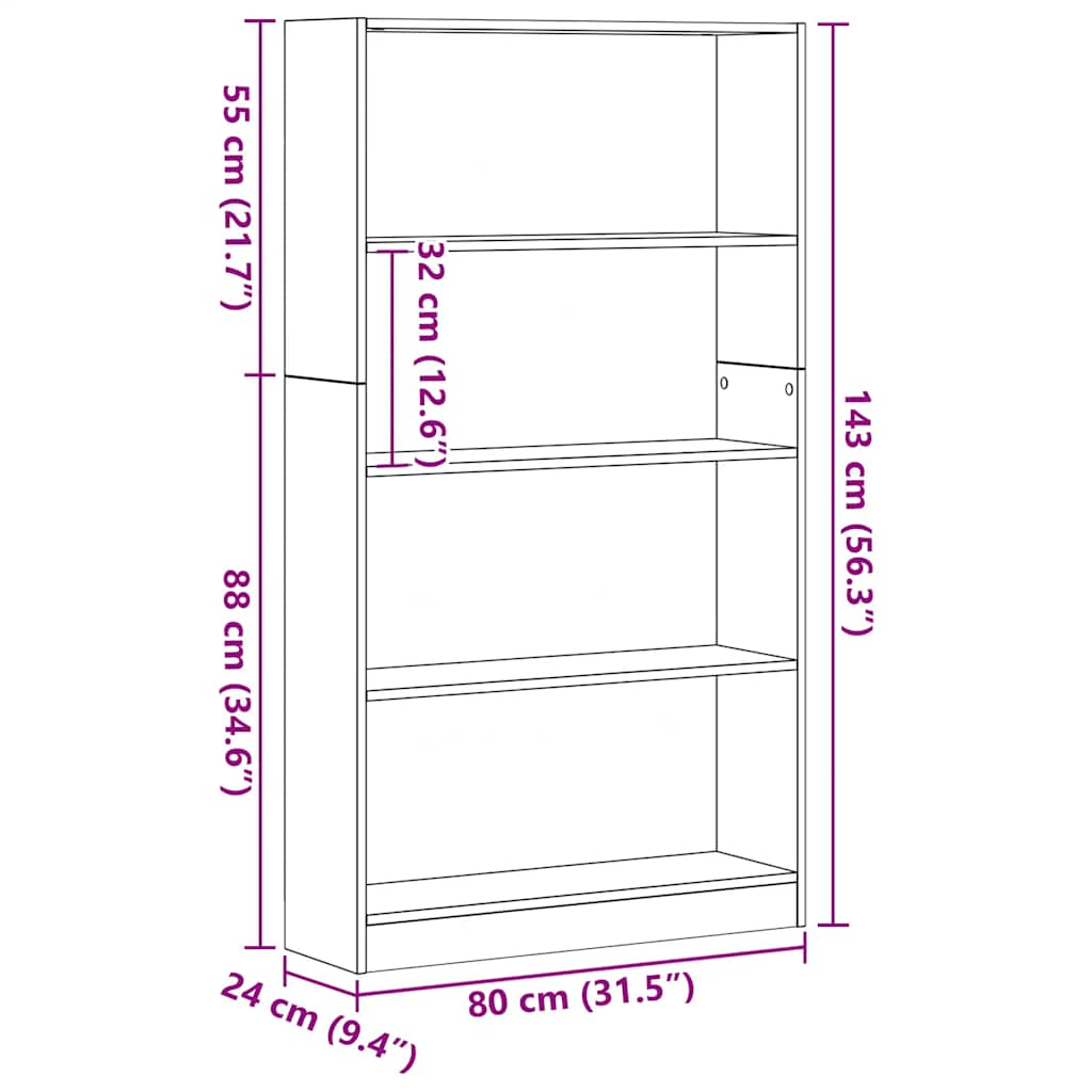 Bücherregal 4 Fächer Schwarz Eichen-Optik 80x24x143 cm