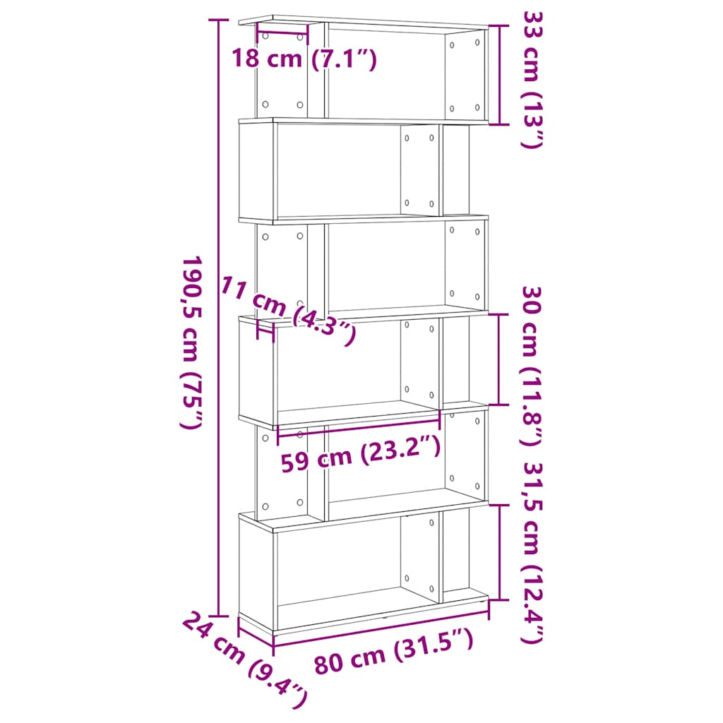 Bücherregal Schwarz Eichen-Optik 80x24x190,5 cm Holzwerkstoff