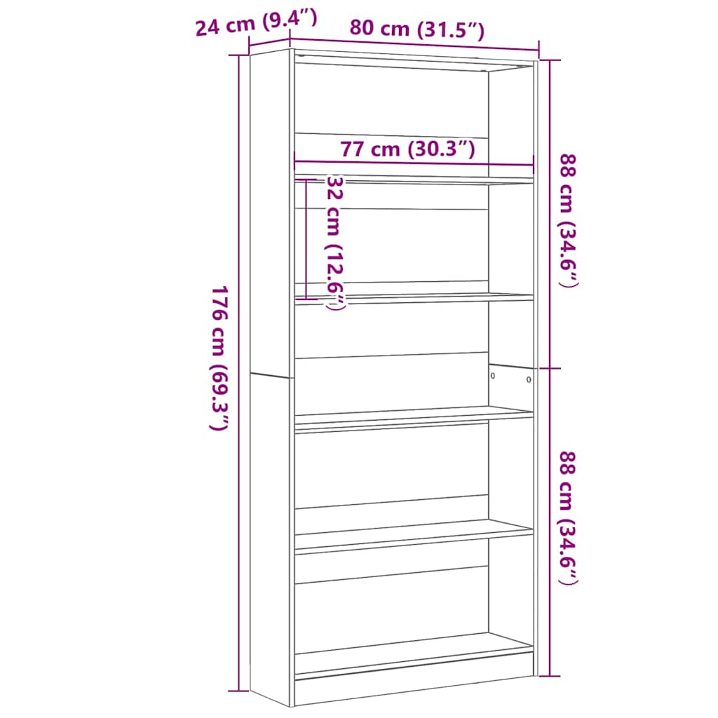 Bücherregal Schwarz Eichen-Optik 80x24x176 cm Holzwerkstoff