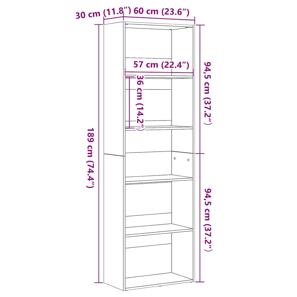 Bücherregal Schwarz Eichen-Optik 60x30x189 cm Holzwerkstoff