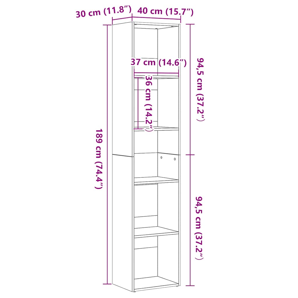 Bücherregal Schwarz Eichen-Optik 40x30x189 cm Holzwerkstoff